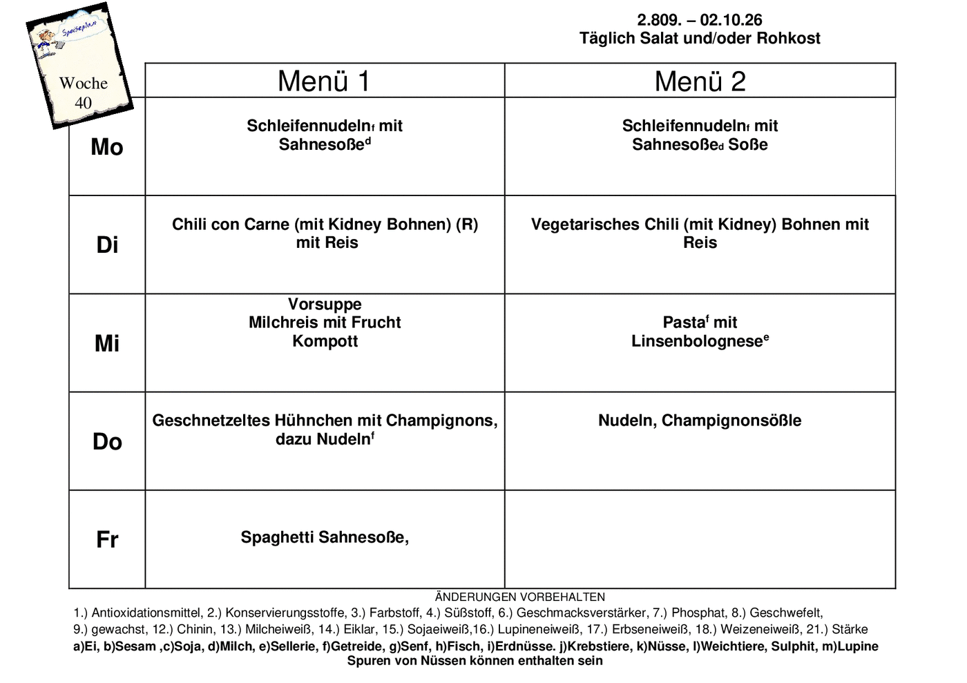 Das Dokument enthält einen Speiseplan mit wöchentlichen Menüs und Allergiehinweisen für eine bestimmte Woche.