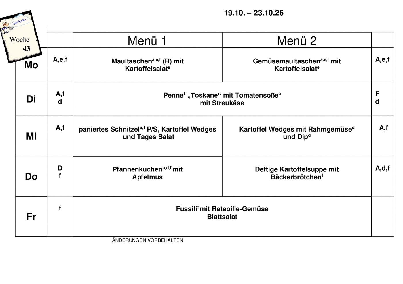 Speiseplan der Kalenderwoche 43