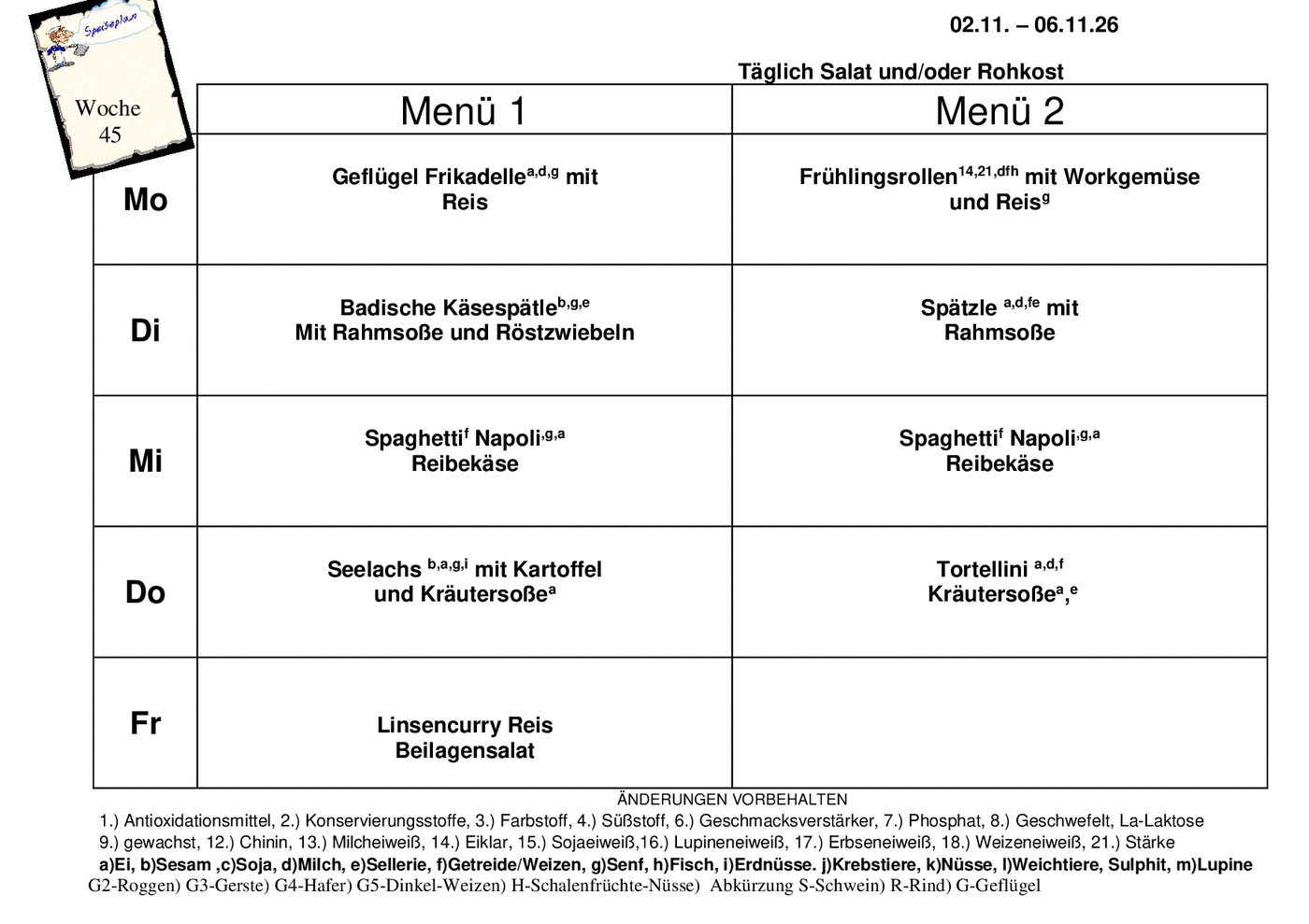 Speiseplan der Kalenderwoche 45