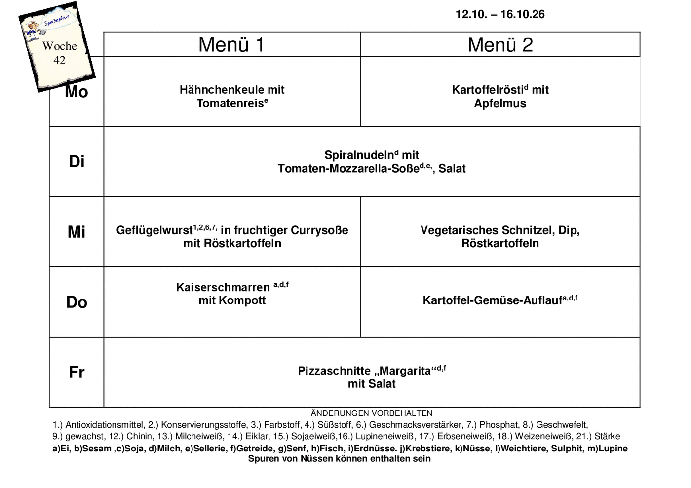 Speiseplan der Kalenderwoche 42